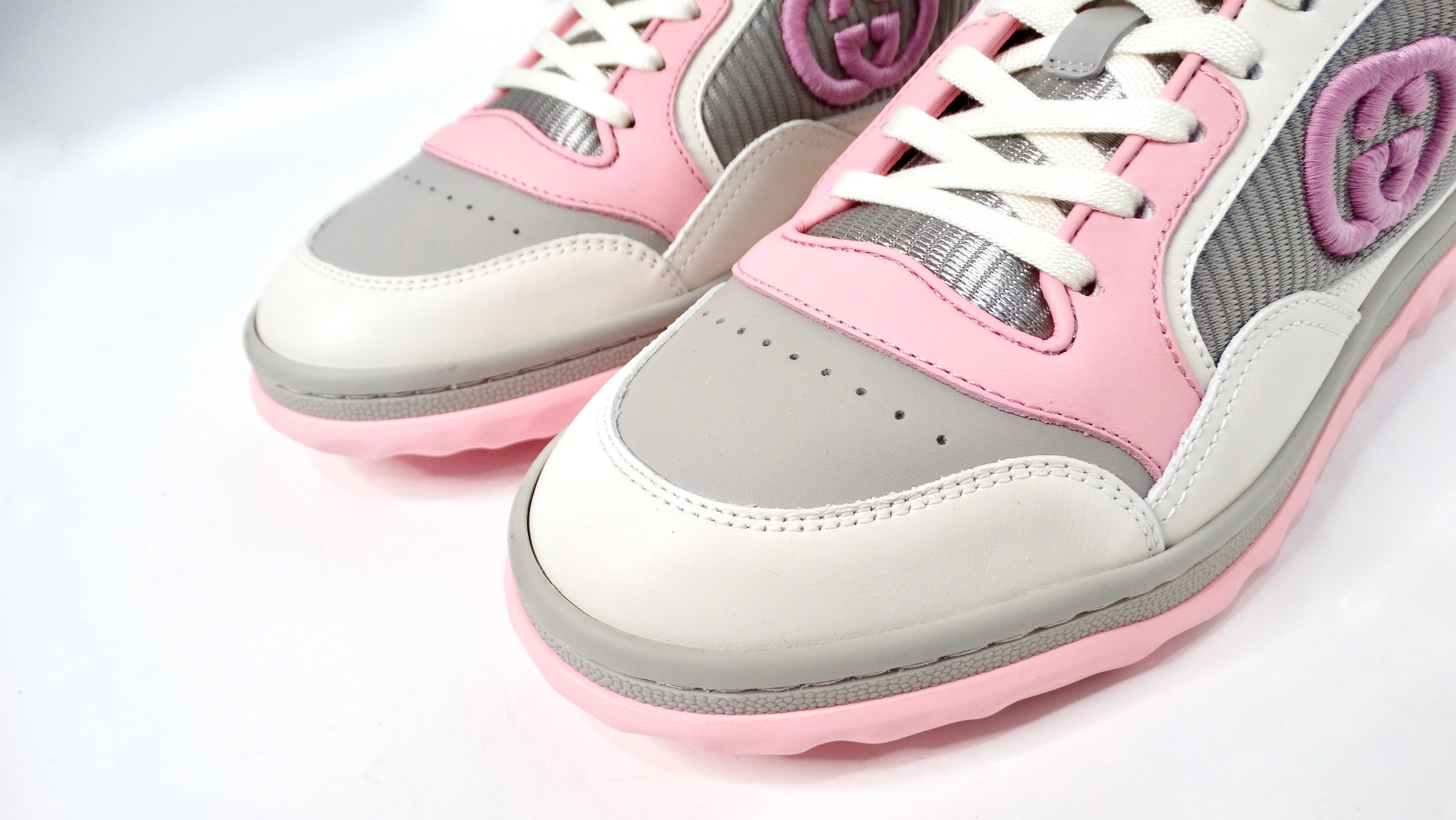 Gray Gucci Mac80 Pink & Grey Calfskin Leather Sneakers For Sale
