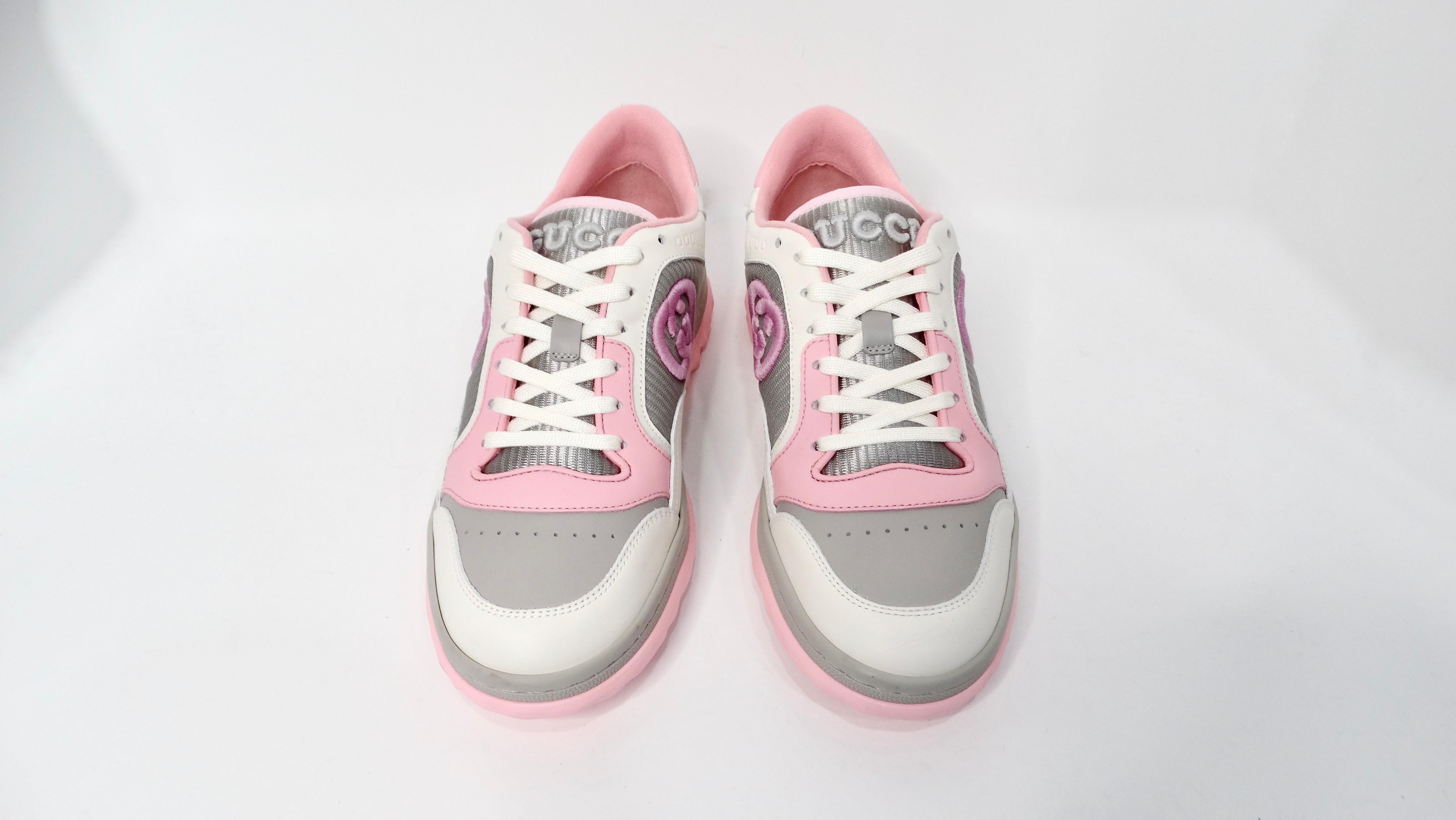 Gucci Mac80 Pink & Grey Calfskin Leather Sneakers In Good Condition For Sale In Scottsdale, AZ