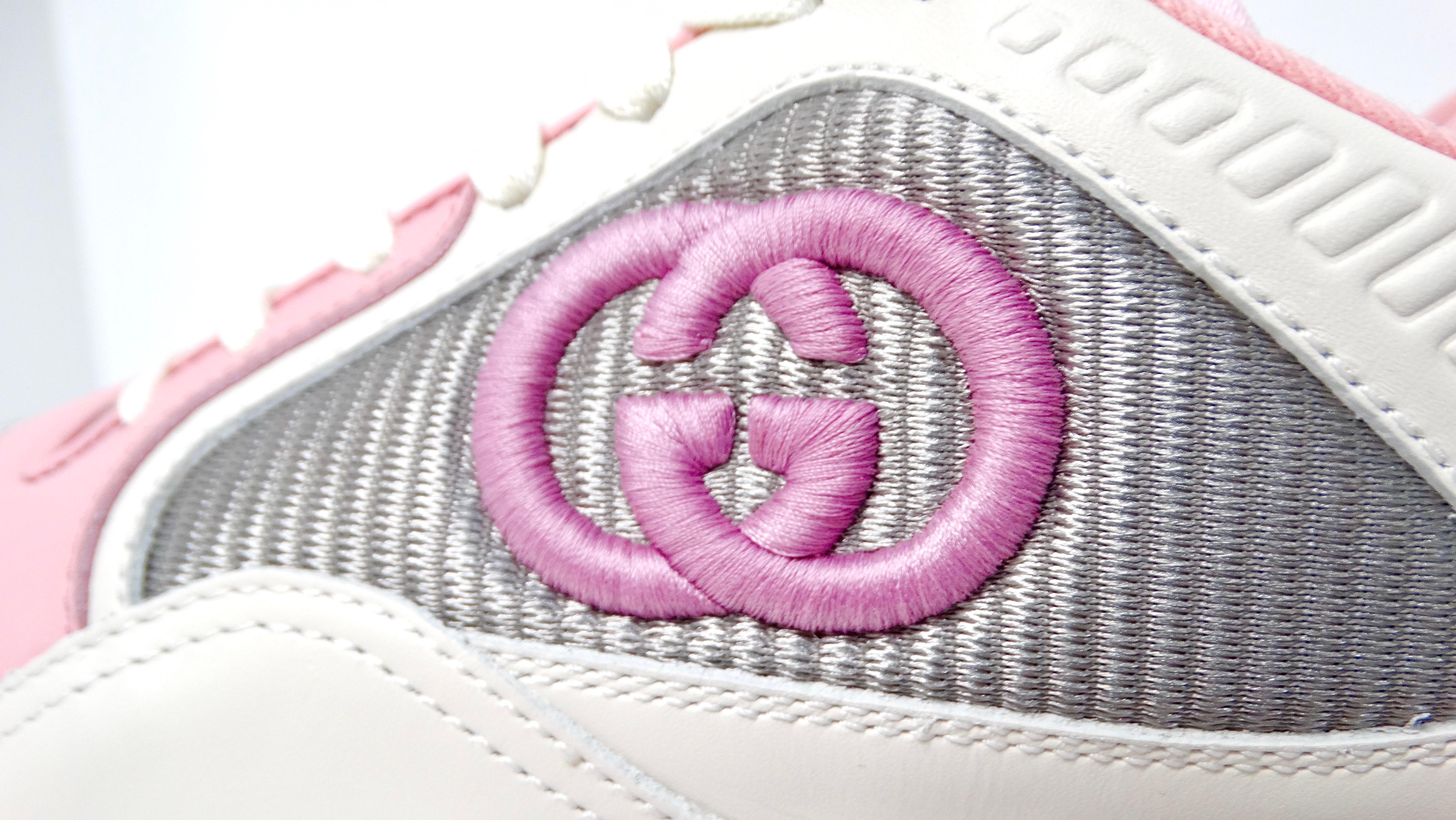 Women's Gucci Mac80 Pink & Grey Calfskin Leather Sneakers For Sale