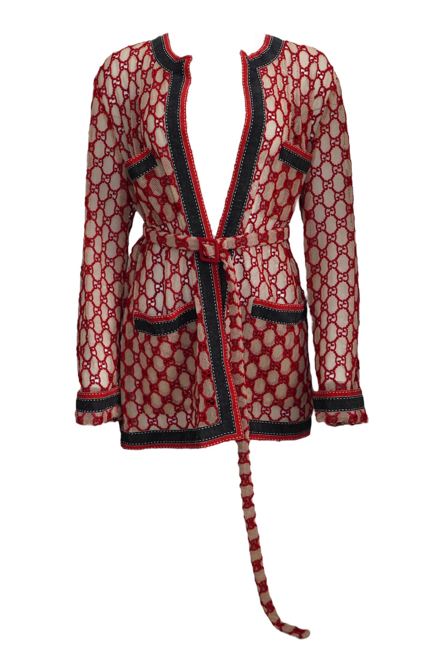 Gucci Macrame Open Front Mesh Belted Cardigan Jacket.
Embroidered GG motif in bright red.
Navy and red cotton trim across all trim, sleeves, and four front pockets 
SZ 42 
L: 30”
