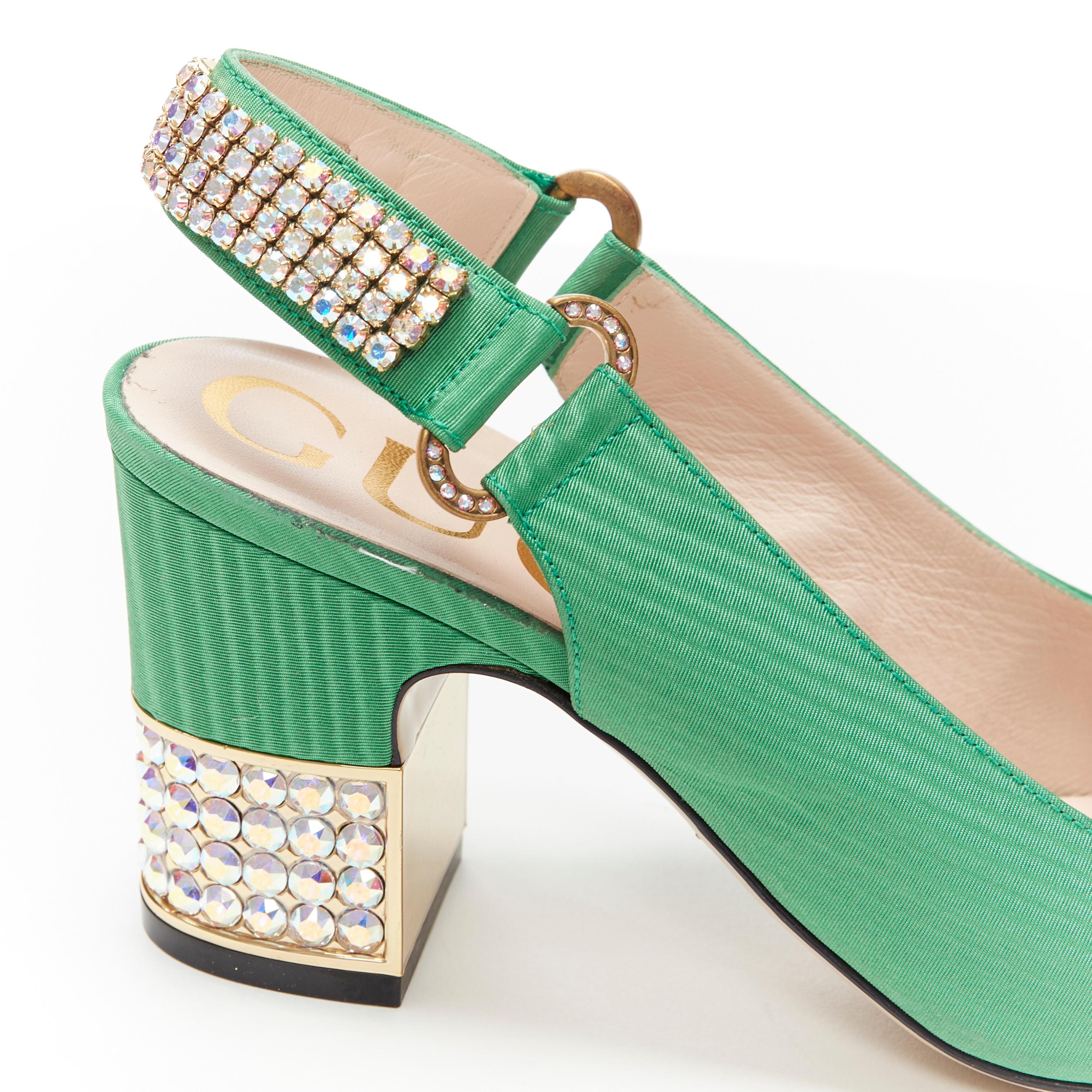 GUCCI Madelyn Moire green crystal embellished G buckle slingback mid heel EU36 2