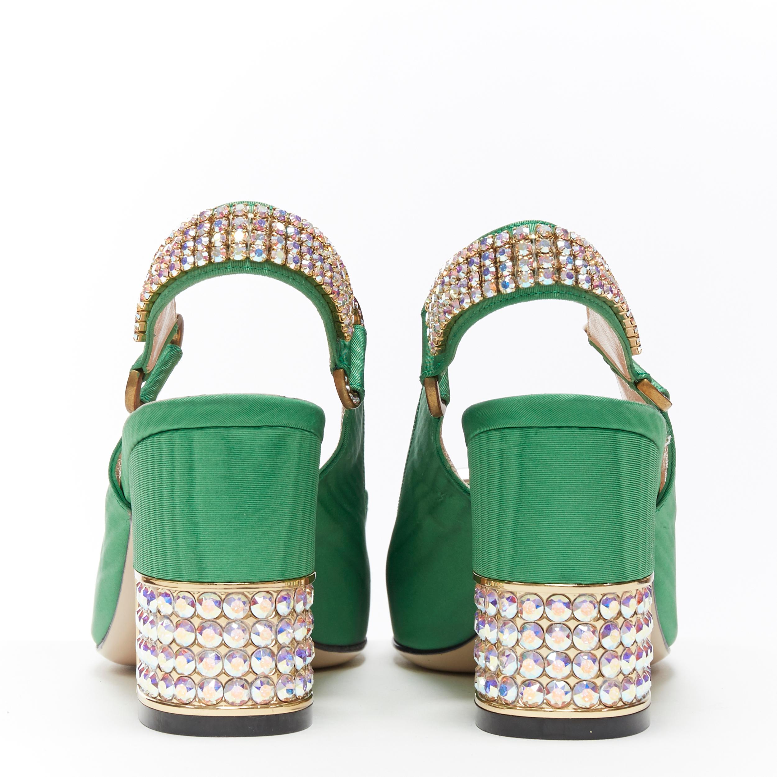 Green GUCCI Madelyn Moire green crystal embellished G buckle slingback mid heel EU36