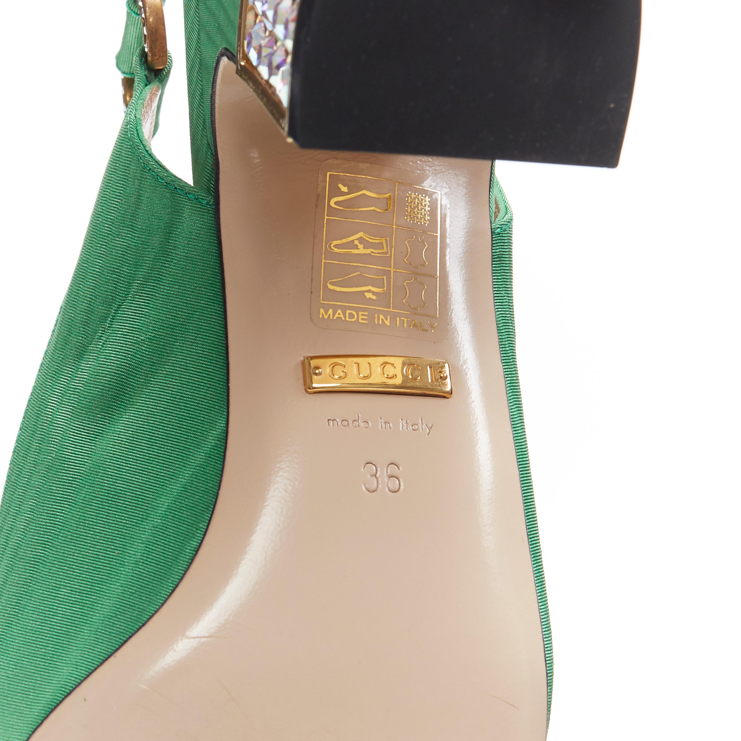 Women's GUCCI Madelyn Moire green crystal embellished G buckle slingback mid heel EU36