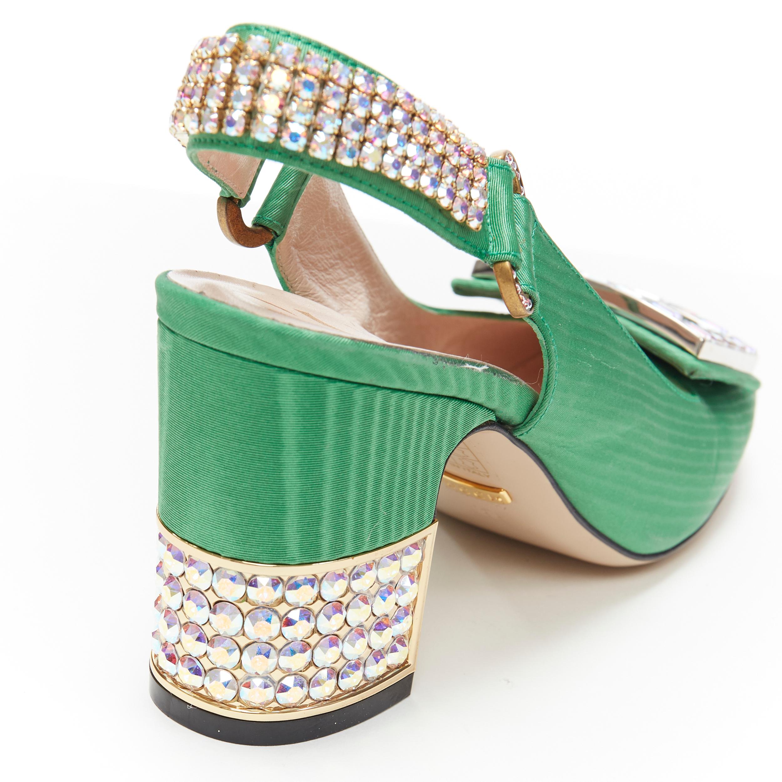 GUCCI Madelyn Moire green crystal embellished G buckle slingback mid heel EU36 1