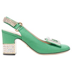 GUCCI Madelyn Moire green crystal embellished G buckle slingback mid heel EU36