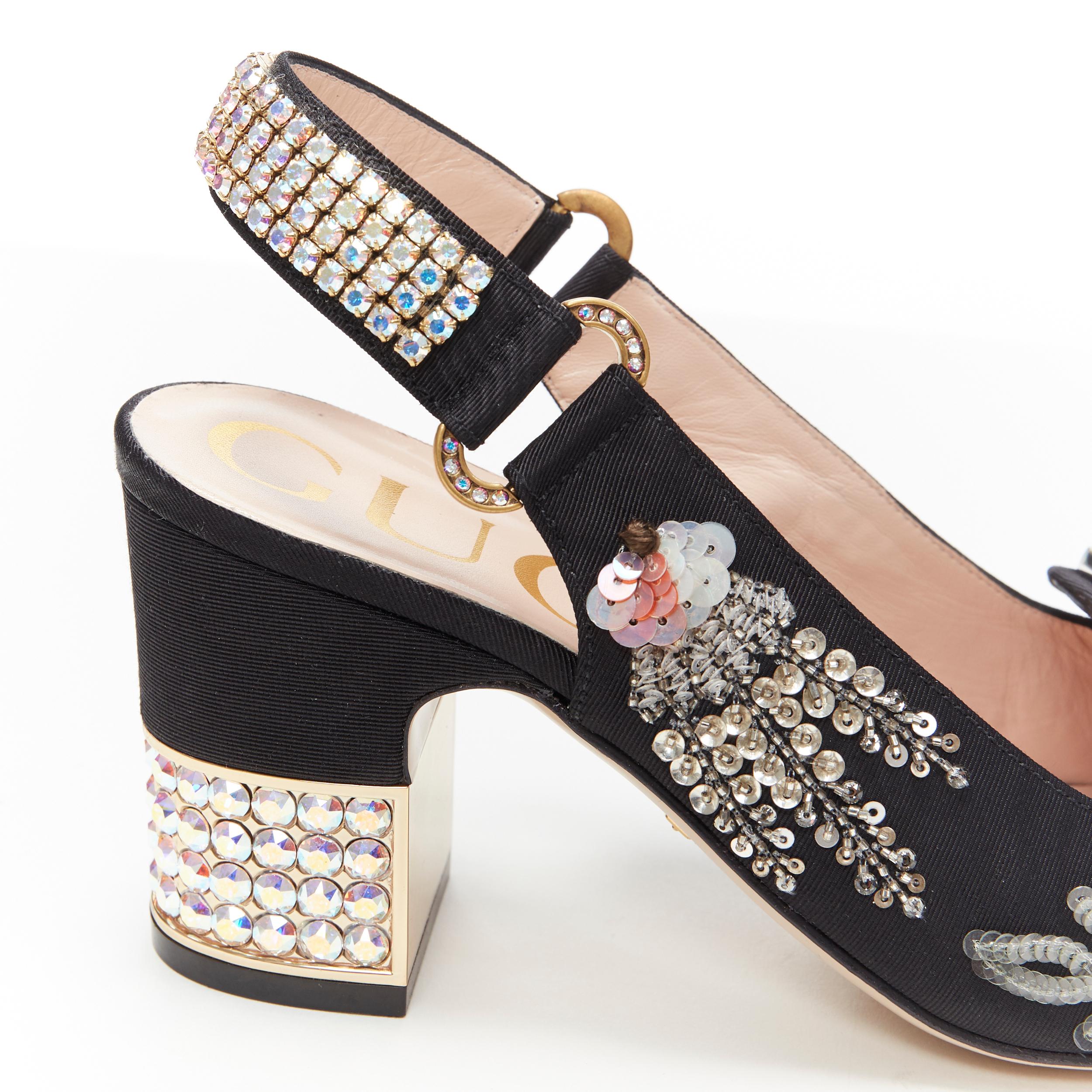GUCCI Madelyn Moire siok crystal embellished G buckle slingback mid heel EU36 4