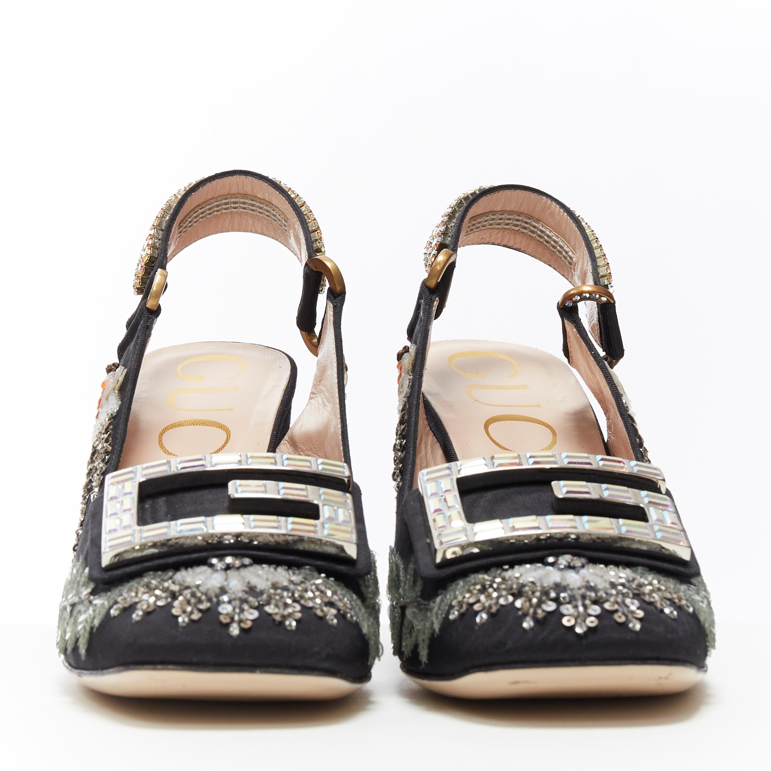 Black GUCCI Madelyn Moire siok crystal embellished G buckle slingback mid heel EU36