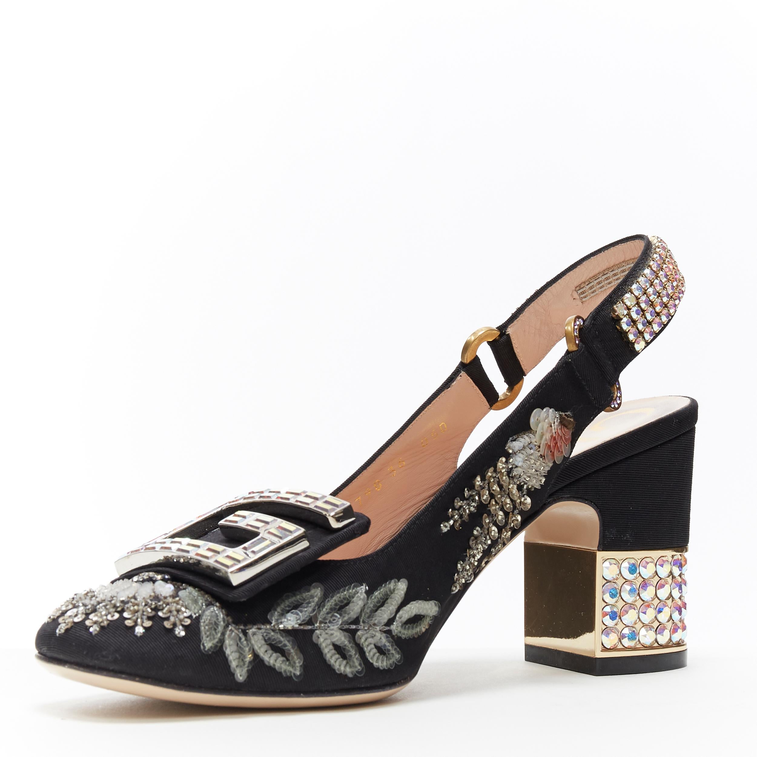 GUCCI Madelyn Moire siok crystal embellished G buckle slingback mid heel EU36 In Excellent Condition In Hong Kong, NT