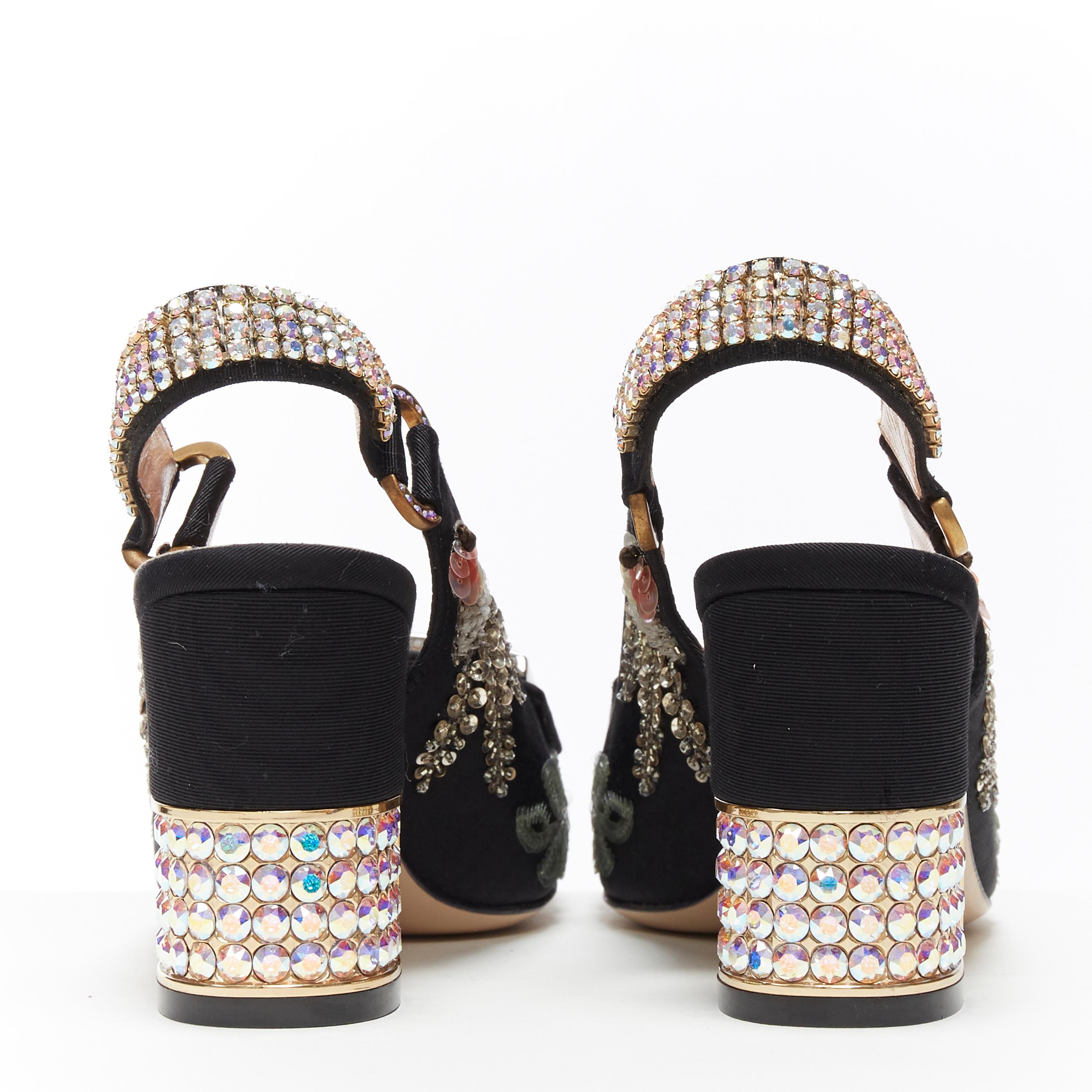 Women's GUCCI Madelyn Moire siok crystal embellished G buckle slingback mid heel EU36