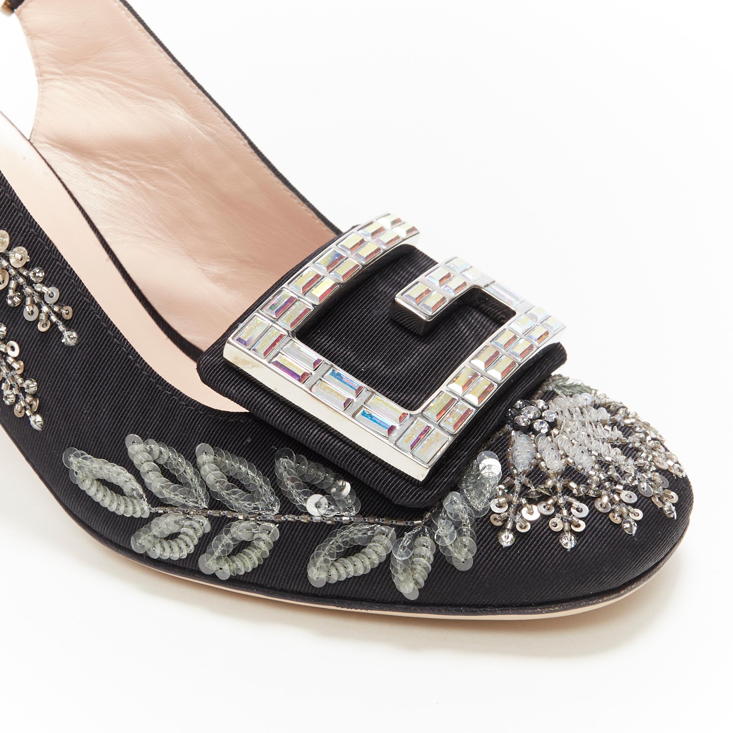 GUCCI Madelyn Moire siok crystal embellished G buckle slingback mid heel EU36 2