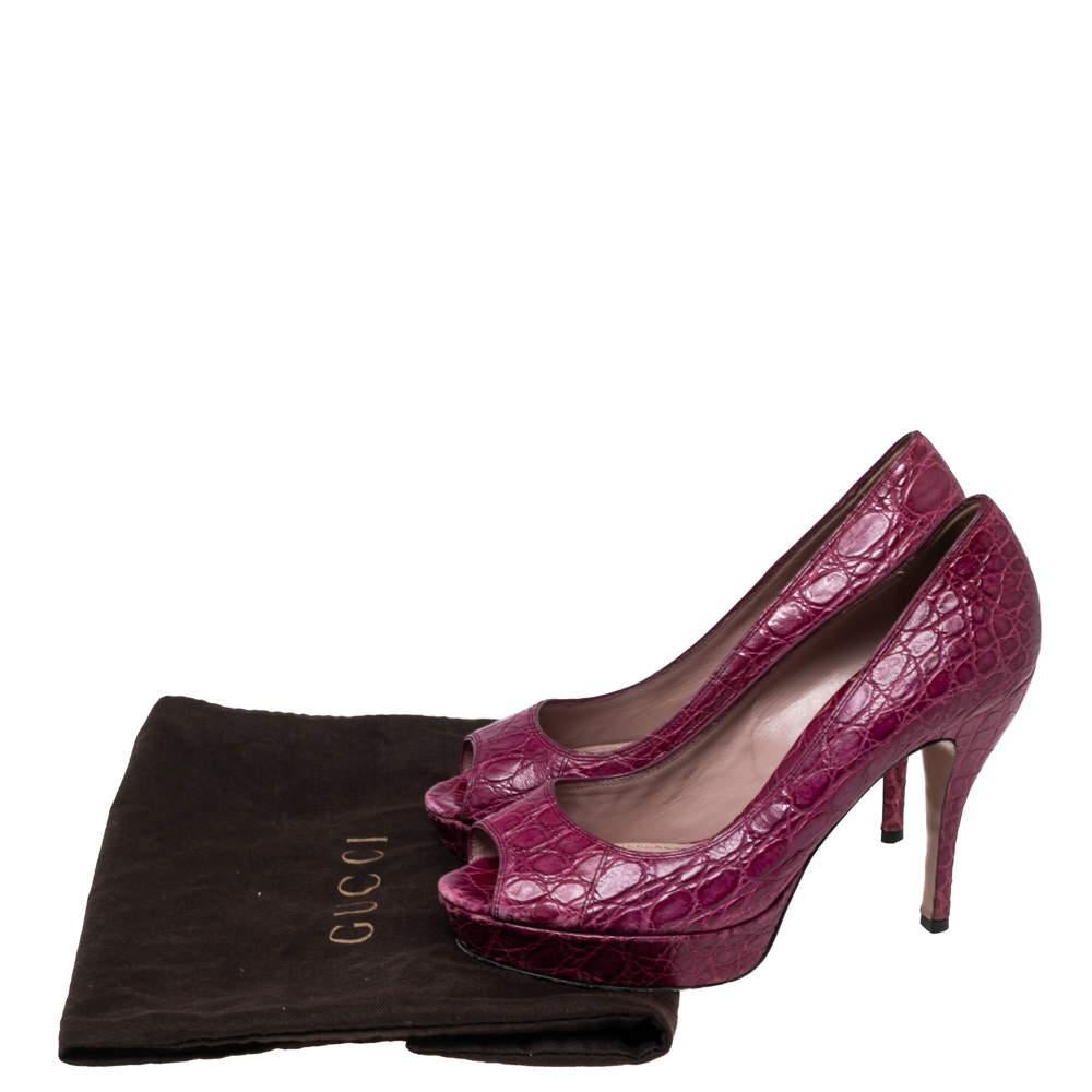 Gucci Magenta Alligator Leather Peep-Toe Platform Pumps Size 36.5 For Sale 6