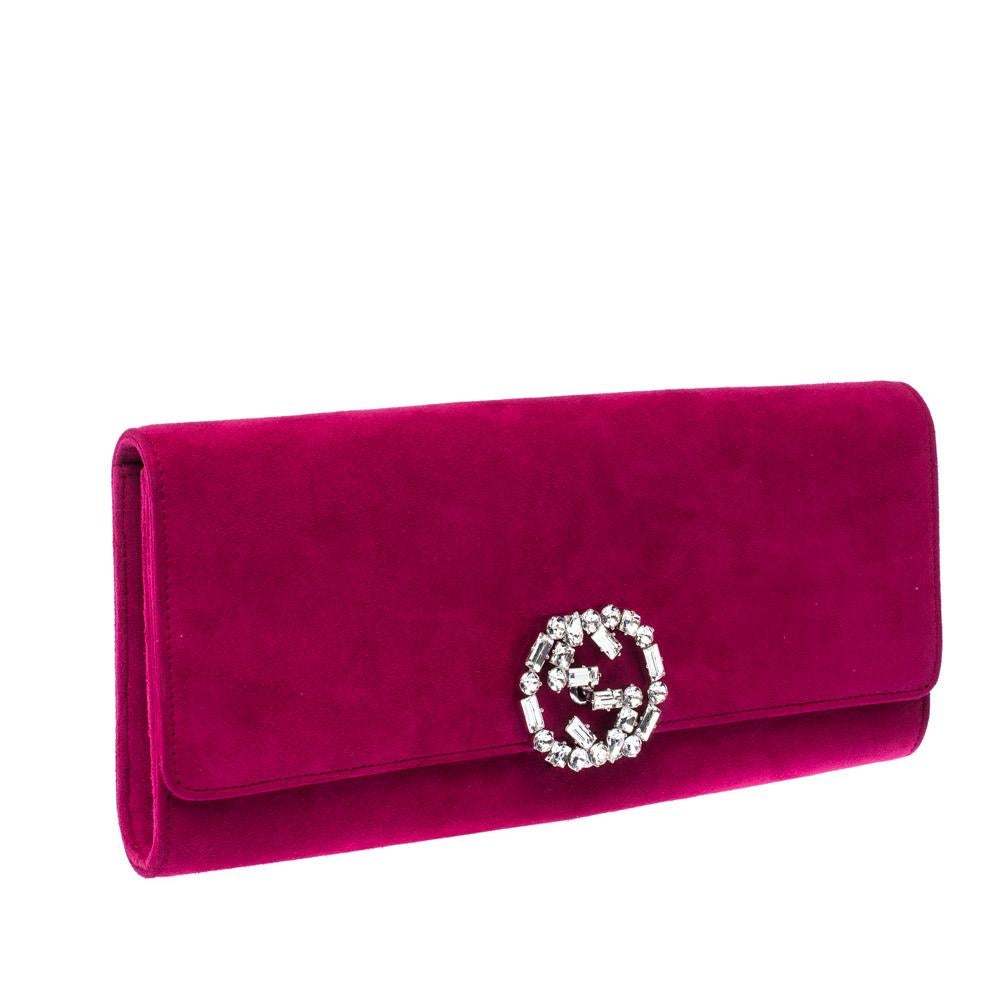 Red Gucci Magenta GG Crystal Embellished Suede Broadway Clutch