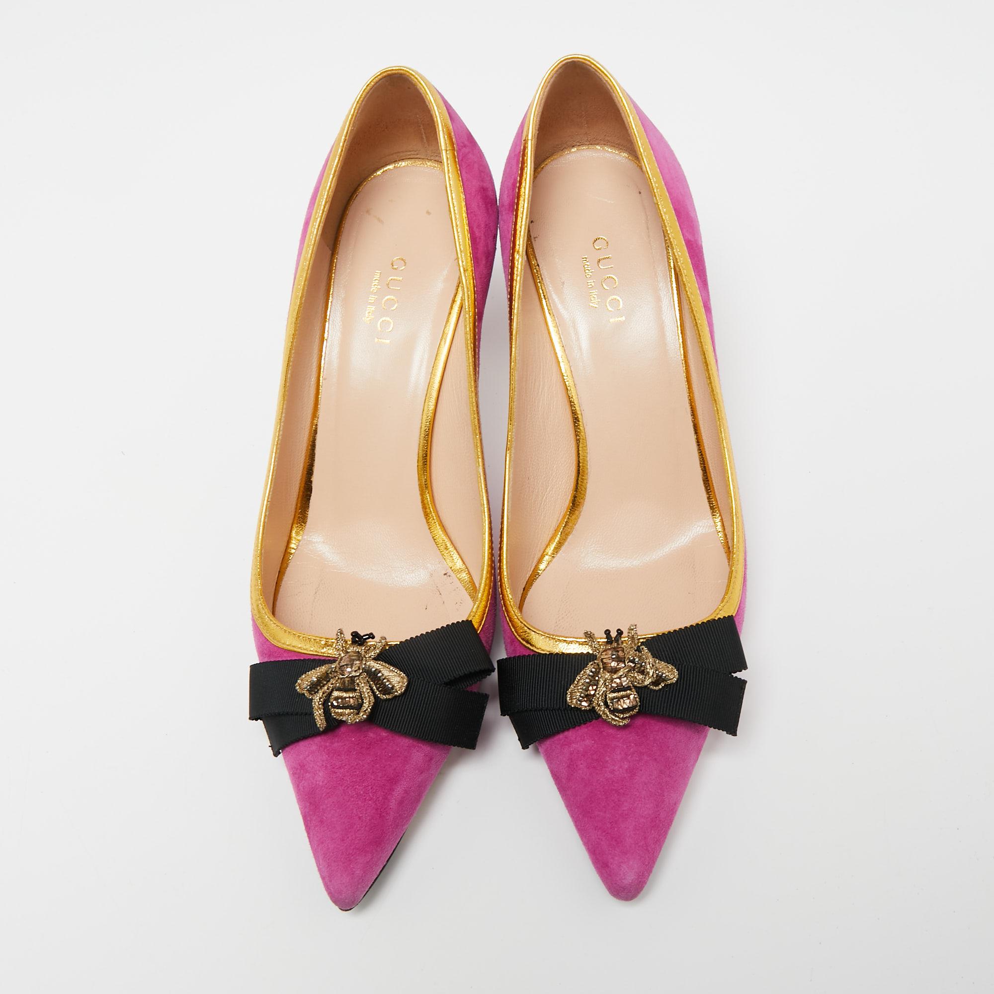 Pink Gucci Magenta/Gold Suede and Leather Moody Bee Pointed-Toe Pumps Size 35.5
