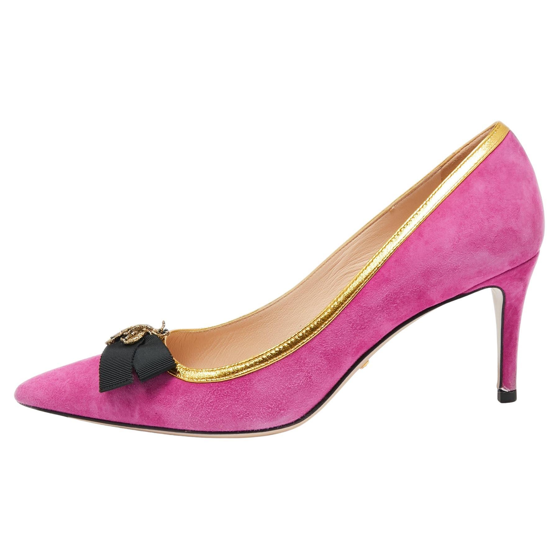 Gucci Magenta/Gold Suede and Leather Moody Bee Pointed-Toe Pumps Size 35.5