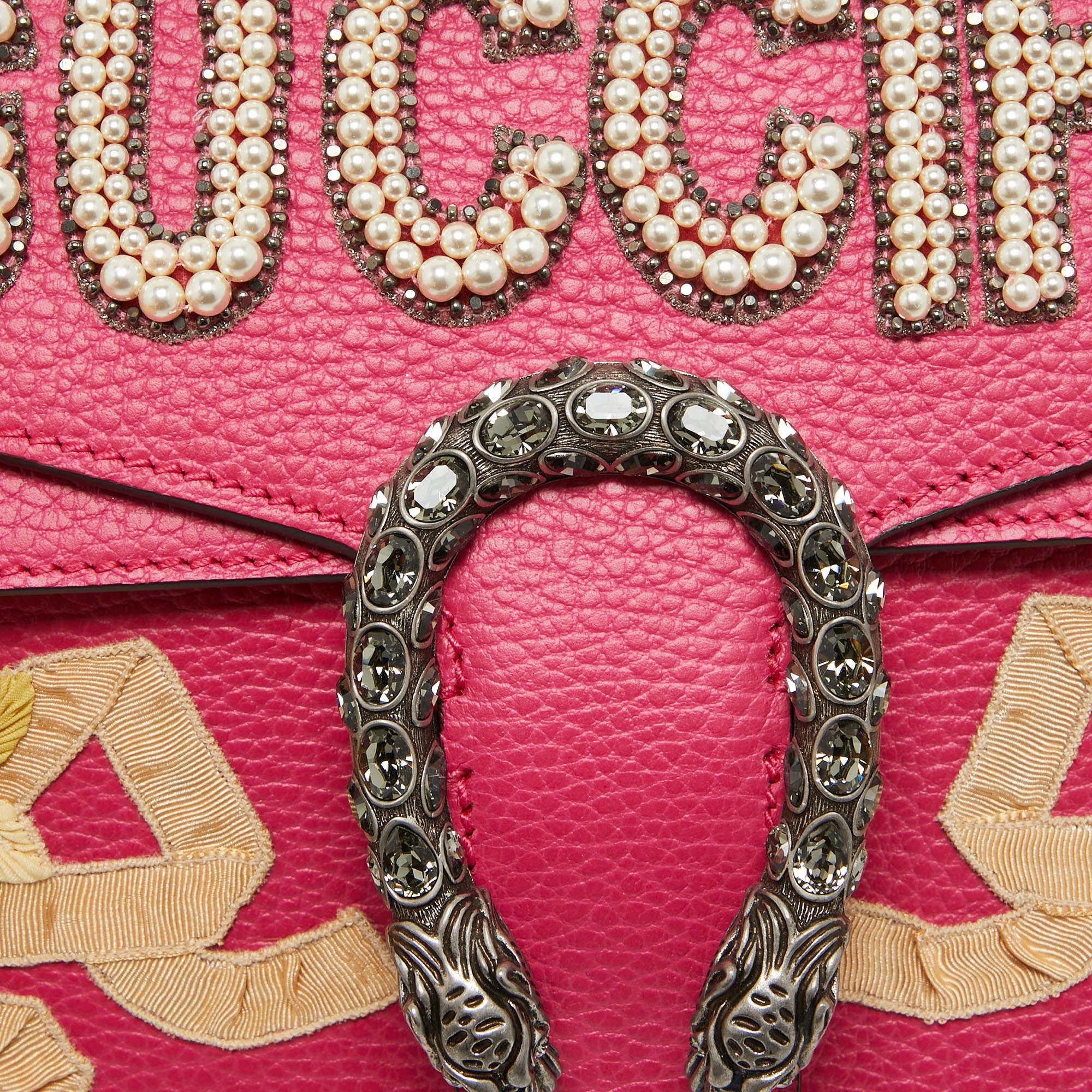 Gucci Magenta Leather Small Guccify Pearl Embellished Dionysus Shoulder Bag For Sale 6
