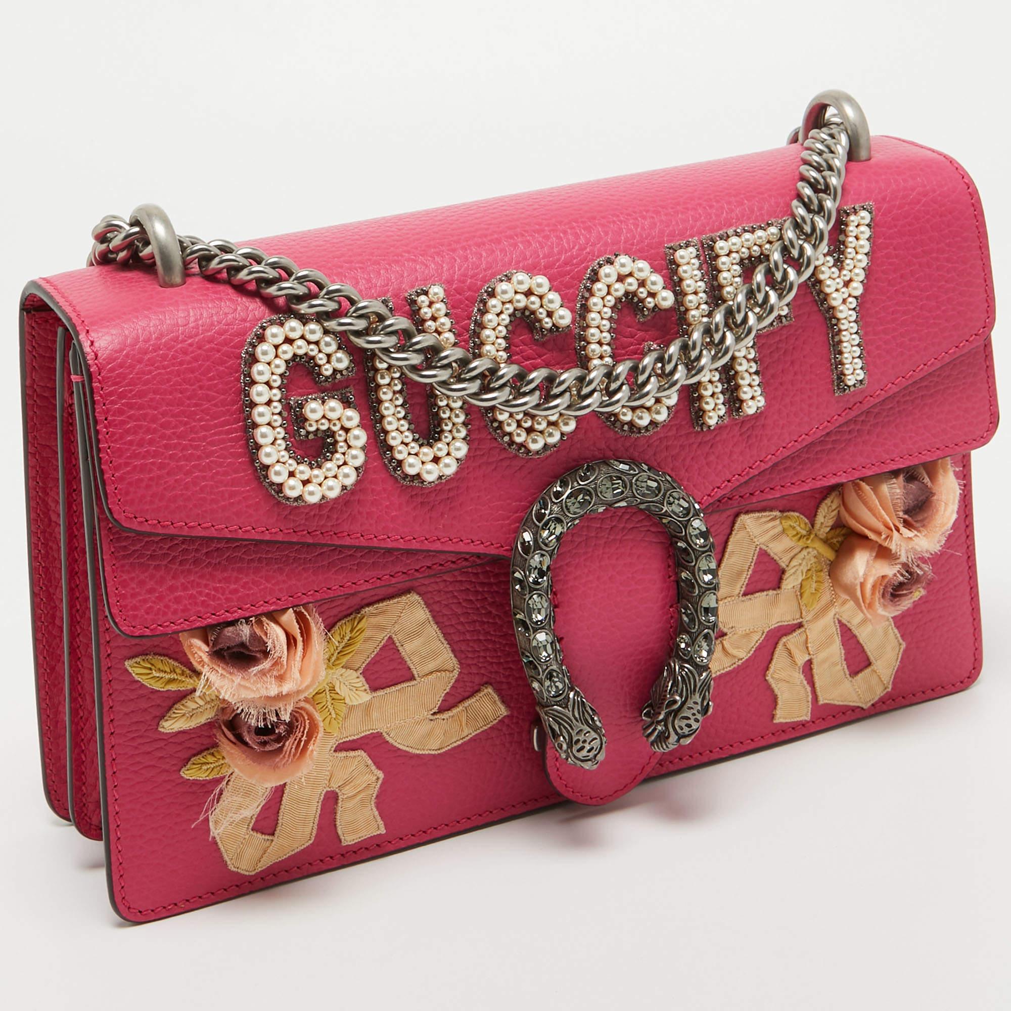 Gucci Magenta Leather Small Guccify Pearl Embellished Dionysus Shoulder Bag In Excellent Condition For Sale In Dubai, Al Qouz 2