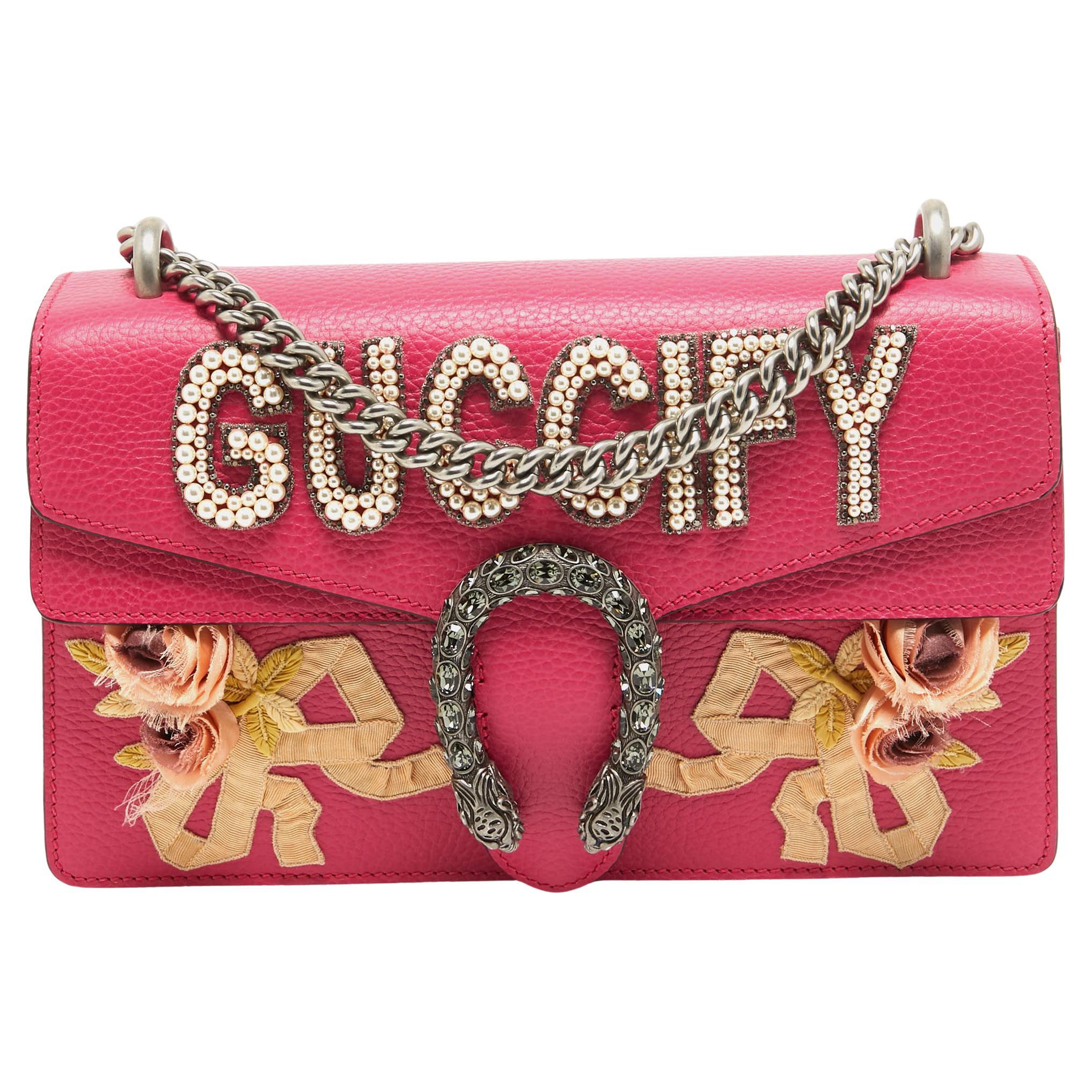 Gucci Magenta Leather Small Guccify Pearl Embellished Dionysus Shoulder Bag For Sale