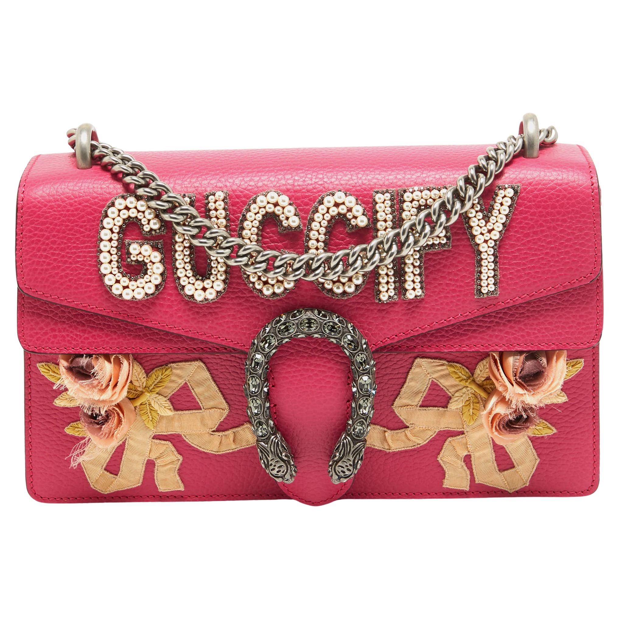 Gucci Magenta Leather Small Guccify Pearl Embellished Dionysus Shoulder Bag For Sale