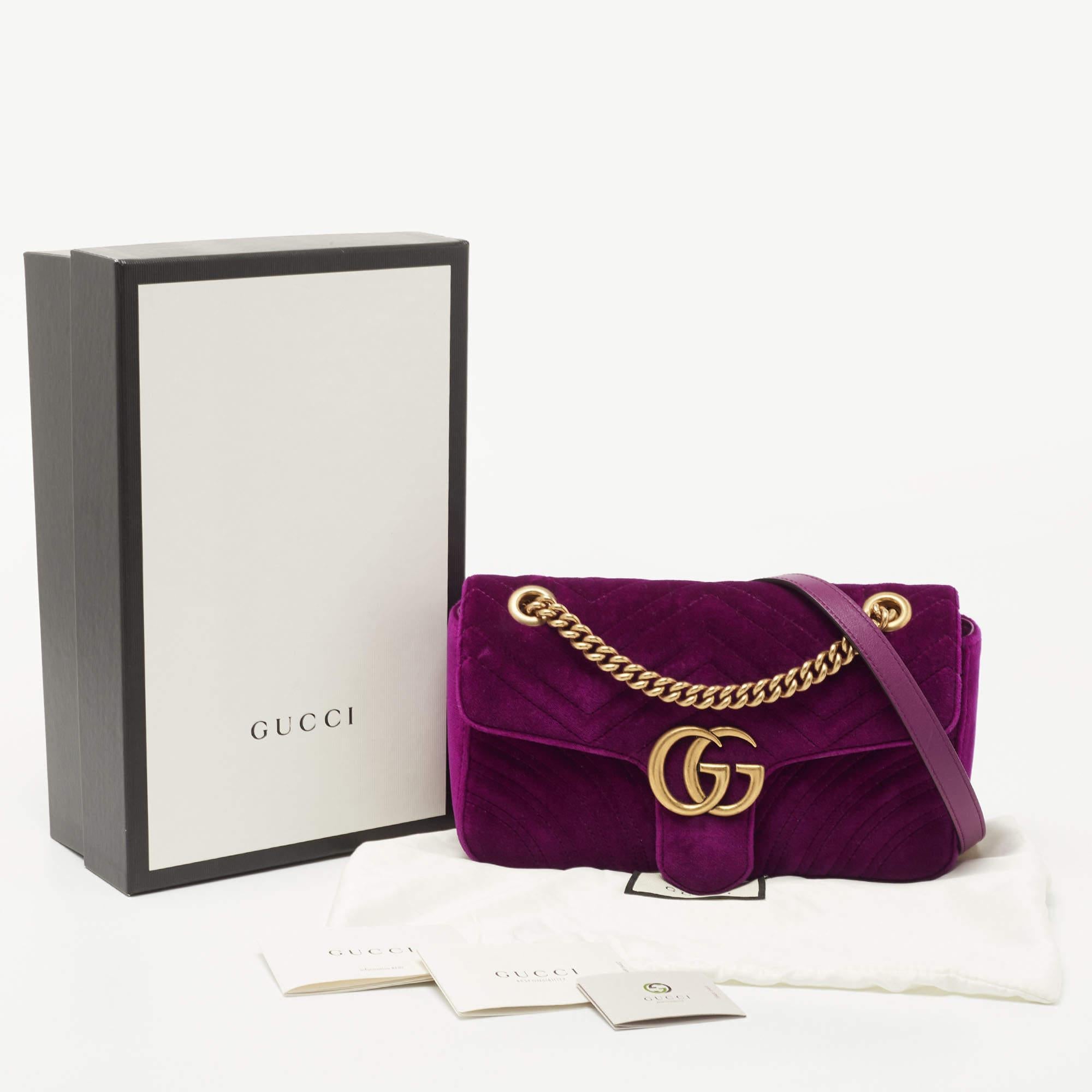 Gucci Magenta Matelassé Velvet Small GG Marmont Shoulder Bag 9