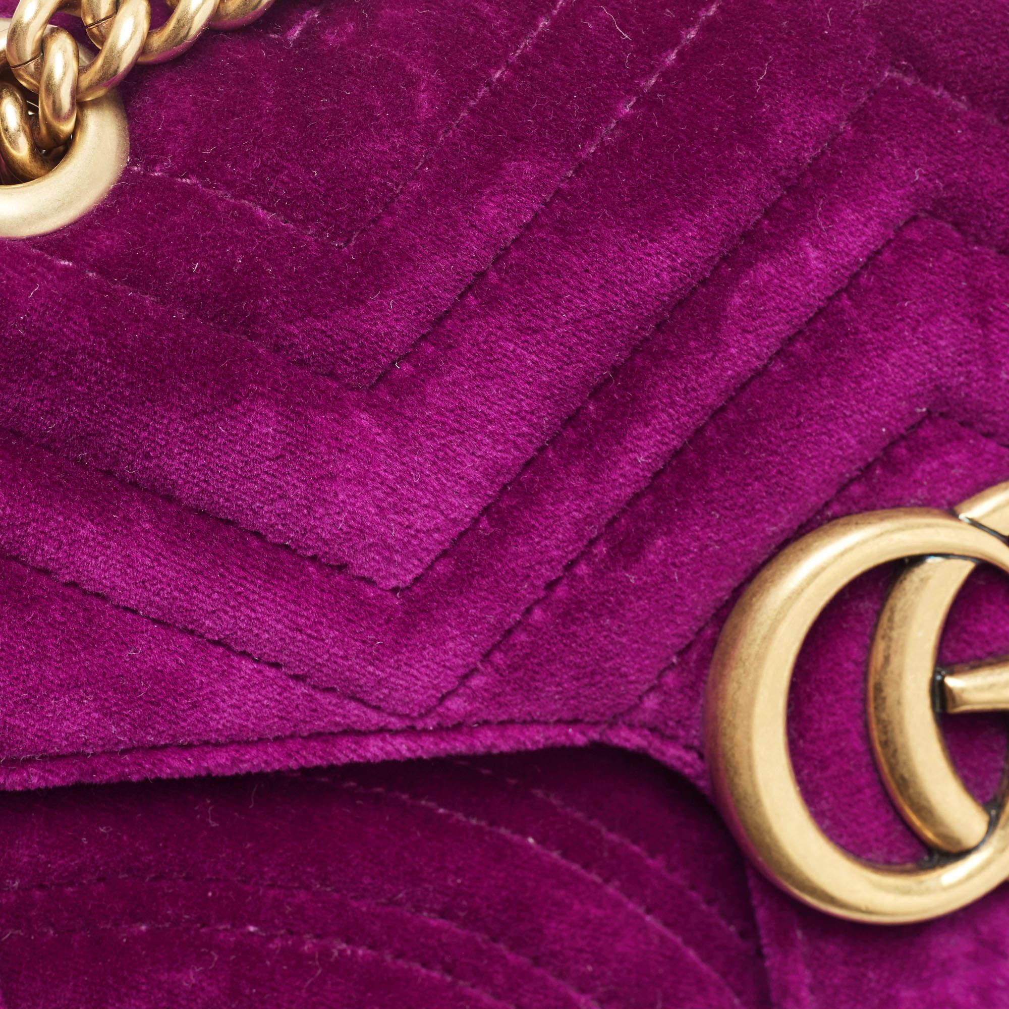 Gucci Magenta Matelassé Velvet Small GG Marmont Shoulder Bag 11