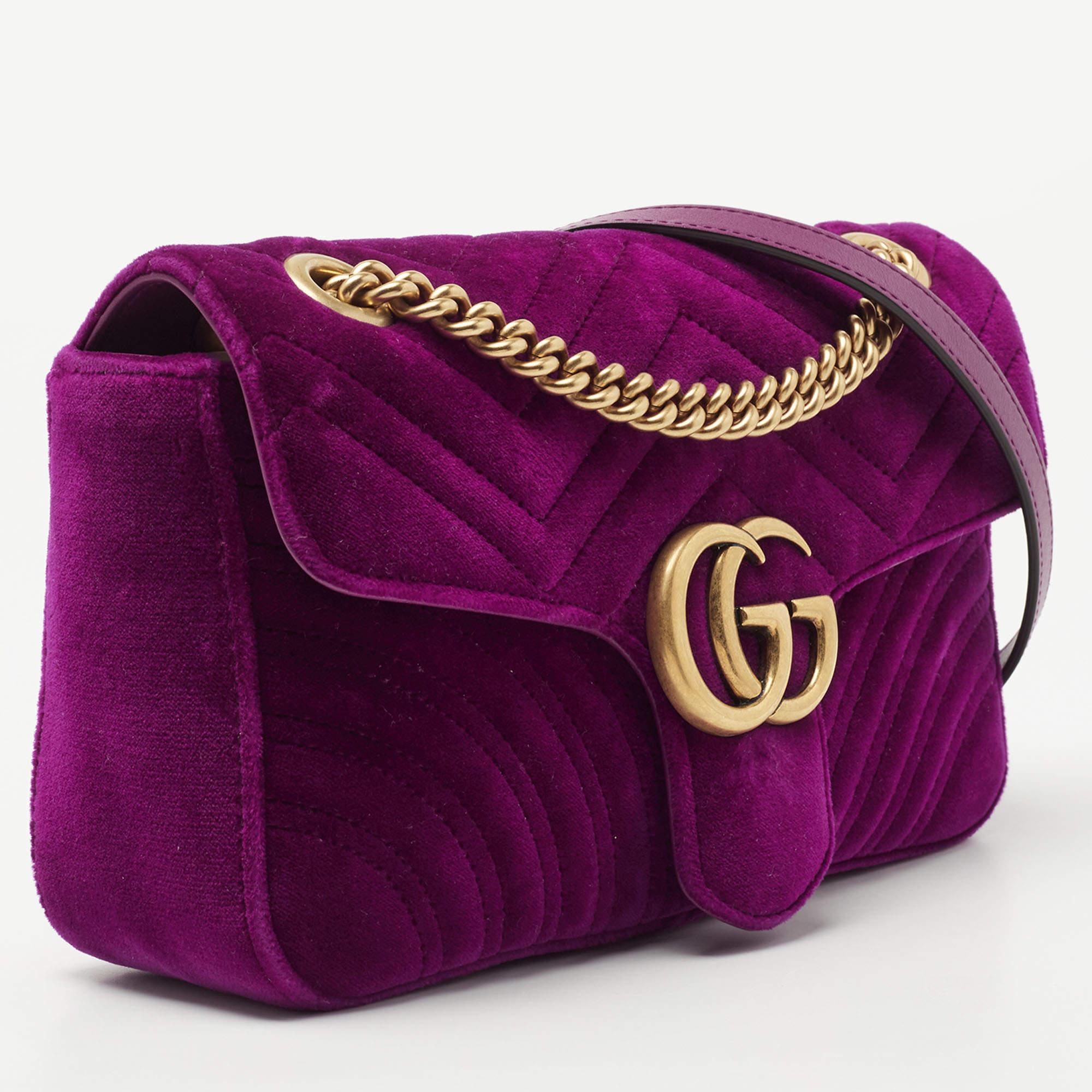 Women's Gucci Magenta Matelassé Velvet Small GG Marmont Shoulder Bag