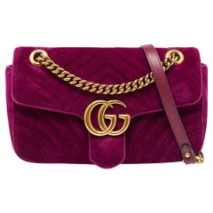 Gucci Magenta Matelassé Velvet Small GG Marmont Shoulder Bag