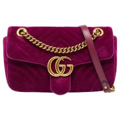 Gucci Magenta Matelassé Velvet Small GG Marmont Shoulder Bag