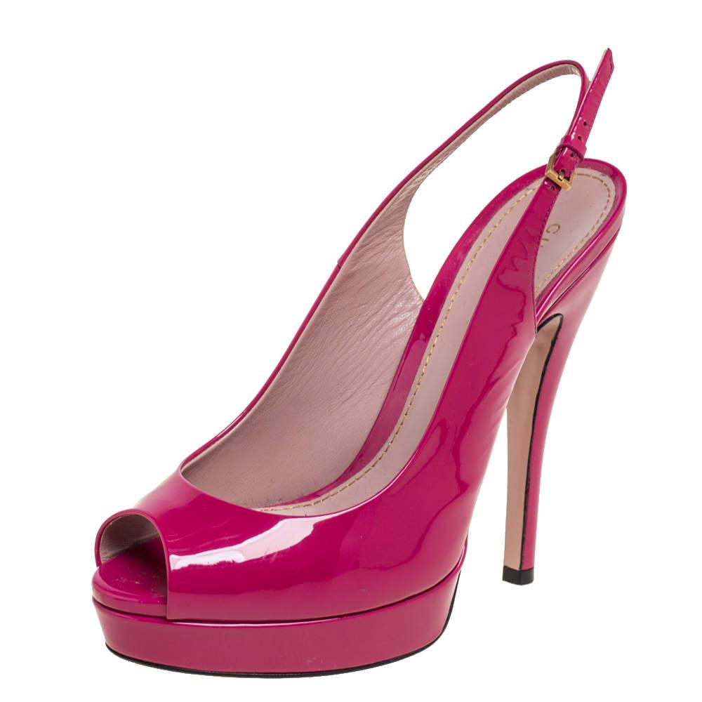 Pink Gucci Magenta Patent Leather Peep-Toe Platform Slingback Pumps Size 38 For Sale