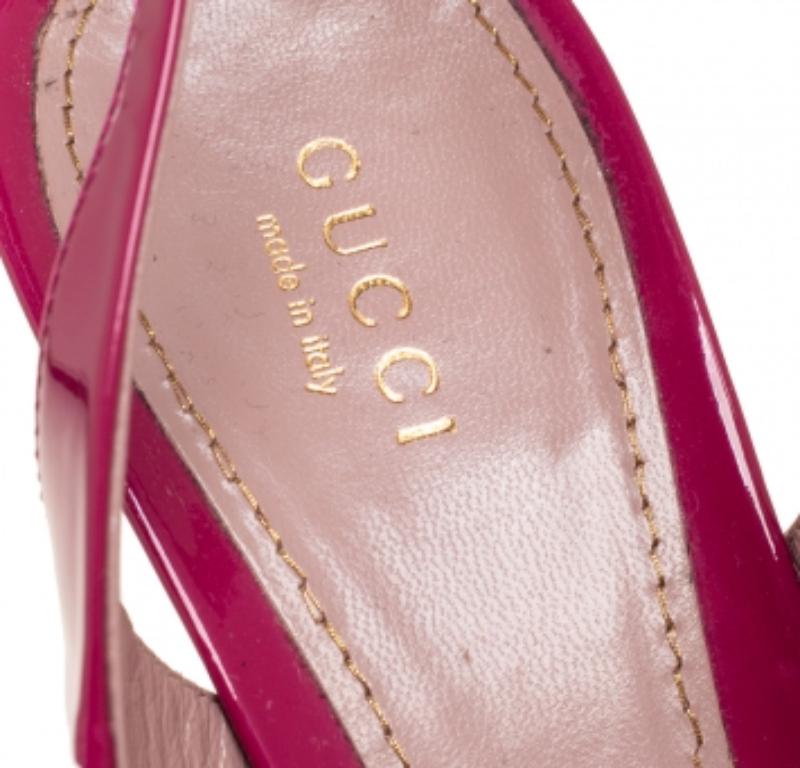 Women's Gucci Magenta Patent Leather Peep-Toe Platform Slingback Pumps Size 38 For Sale