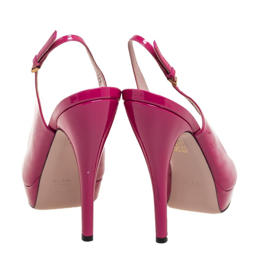 Pink Gucci Magenta Patent Leather Peep-Toe Platform Slingback Pumps Size 38 For Sale