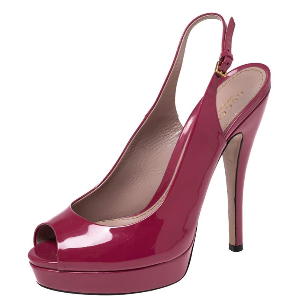 Gucci Magenta Patent Leather Sofia Peep-Toe Slingback Sandals Size 38