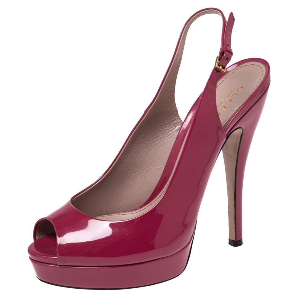 Gucci Magenta Patent Leather Sofia Peep-Toe Slingback Sandals Size 38