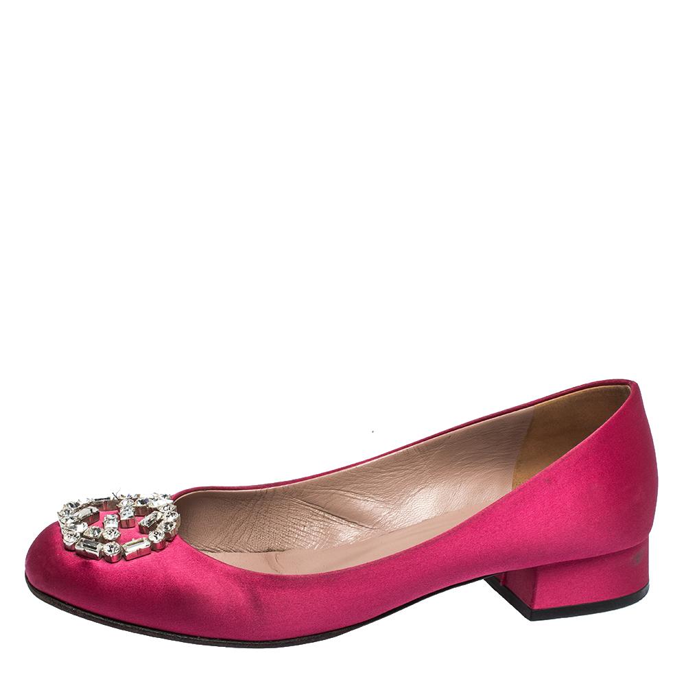 Pink Gucci Magenta Satin GG Crystal Ballet Flats Size 38.5