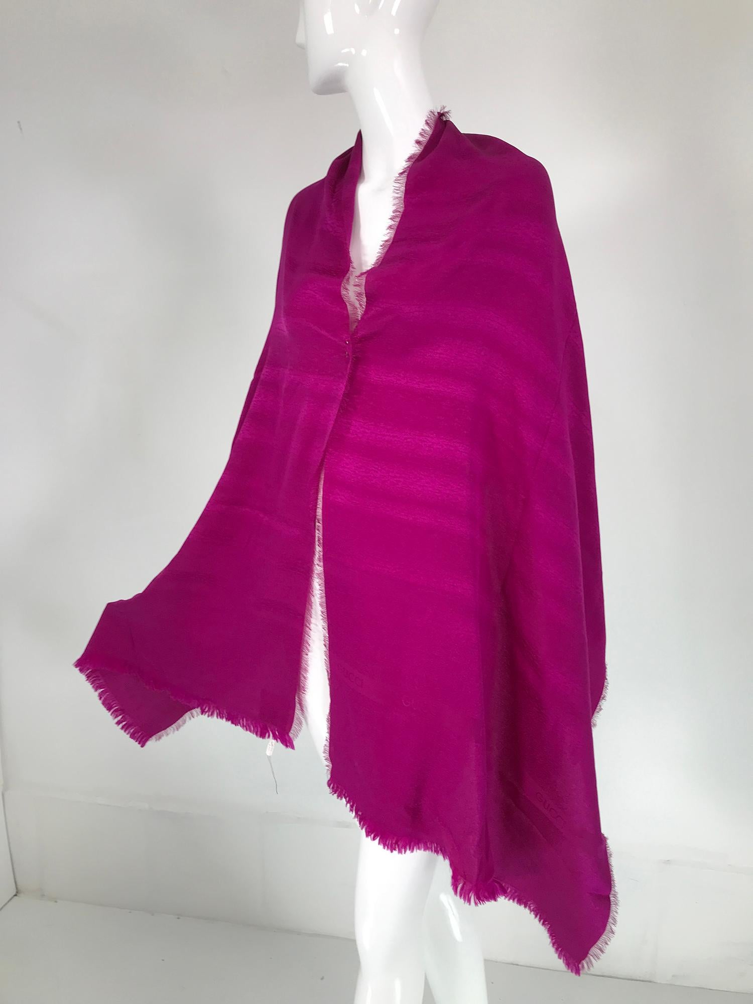 Purple Gucci Magenta Silk Jacquard X Long Rectangle Self Fringe Shawl/Scarf  For Sale