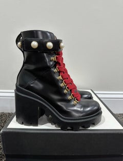 Gucci Magnum Calfskin Pearl Lace Up Combat Ankle Black Boots