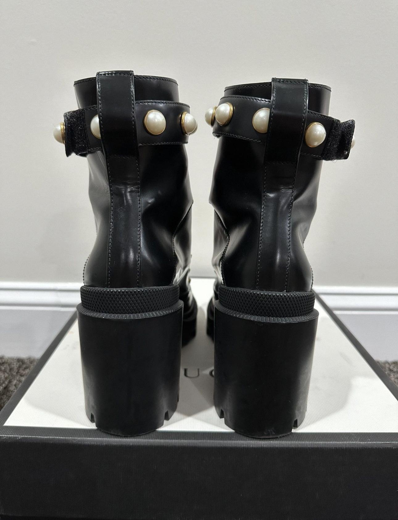 Gucci Magnum Calfskin Pearl Lace Up Combat Ankle Black Boots For Sale 1