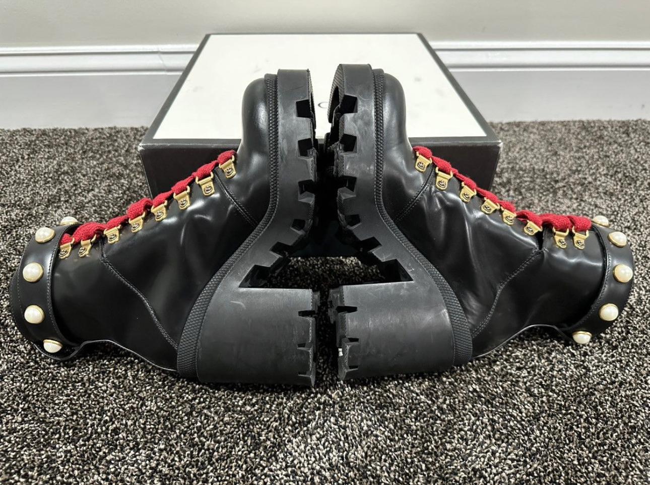 Gucci Magnum Calfskin Pearl Lace Up Combat Ankle Black Boots For Sale 2