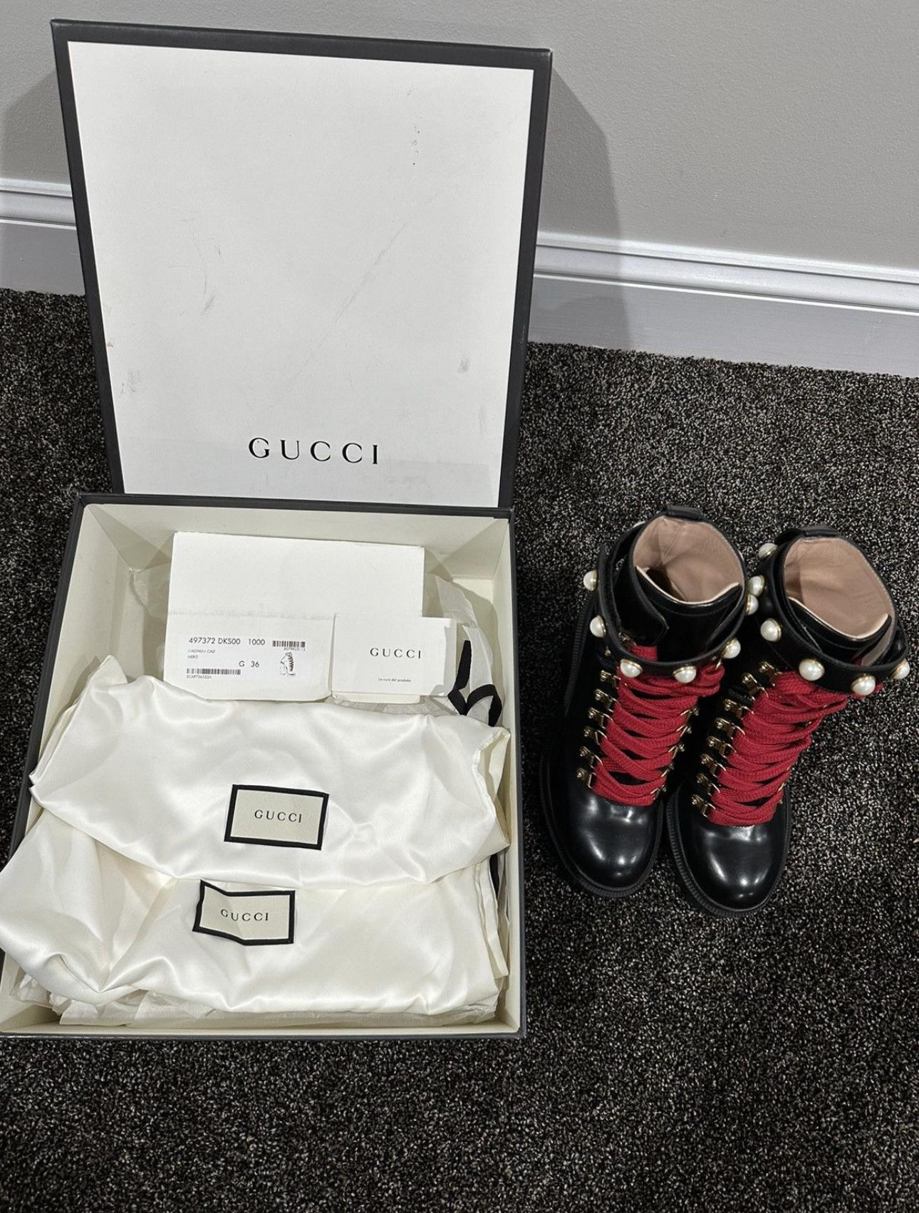 Gucci Magnum Calfskin Pearl Lace Up Combat Ankle Black Boots For Sale 3
