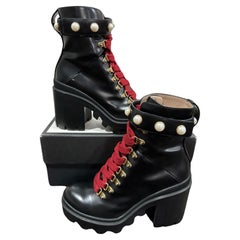 Gucci Magnum Calfskin Pearl Lace Up Combat Ankle Black Boots
