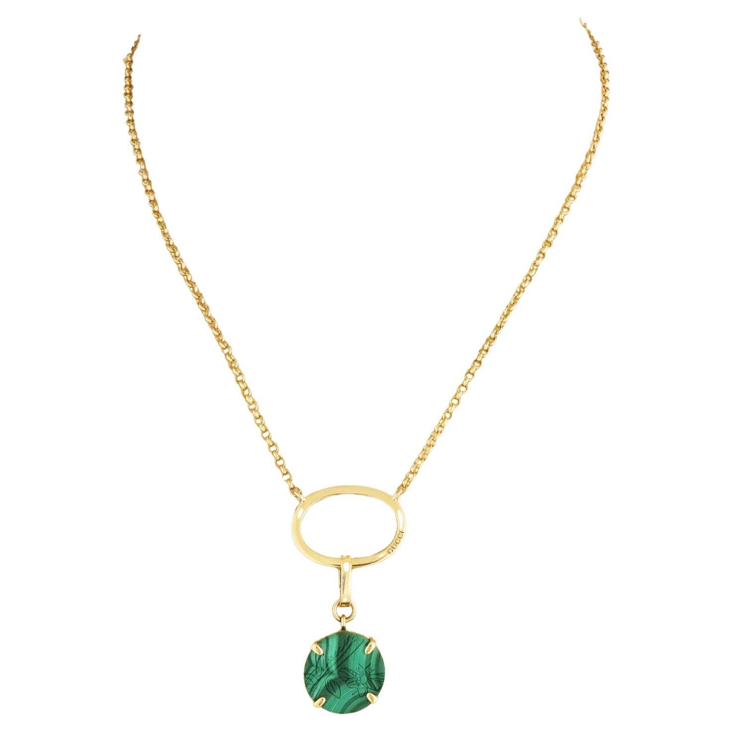 Gucci Malachite 18k Yellow Gold Beetle Necklace  For Sale