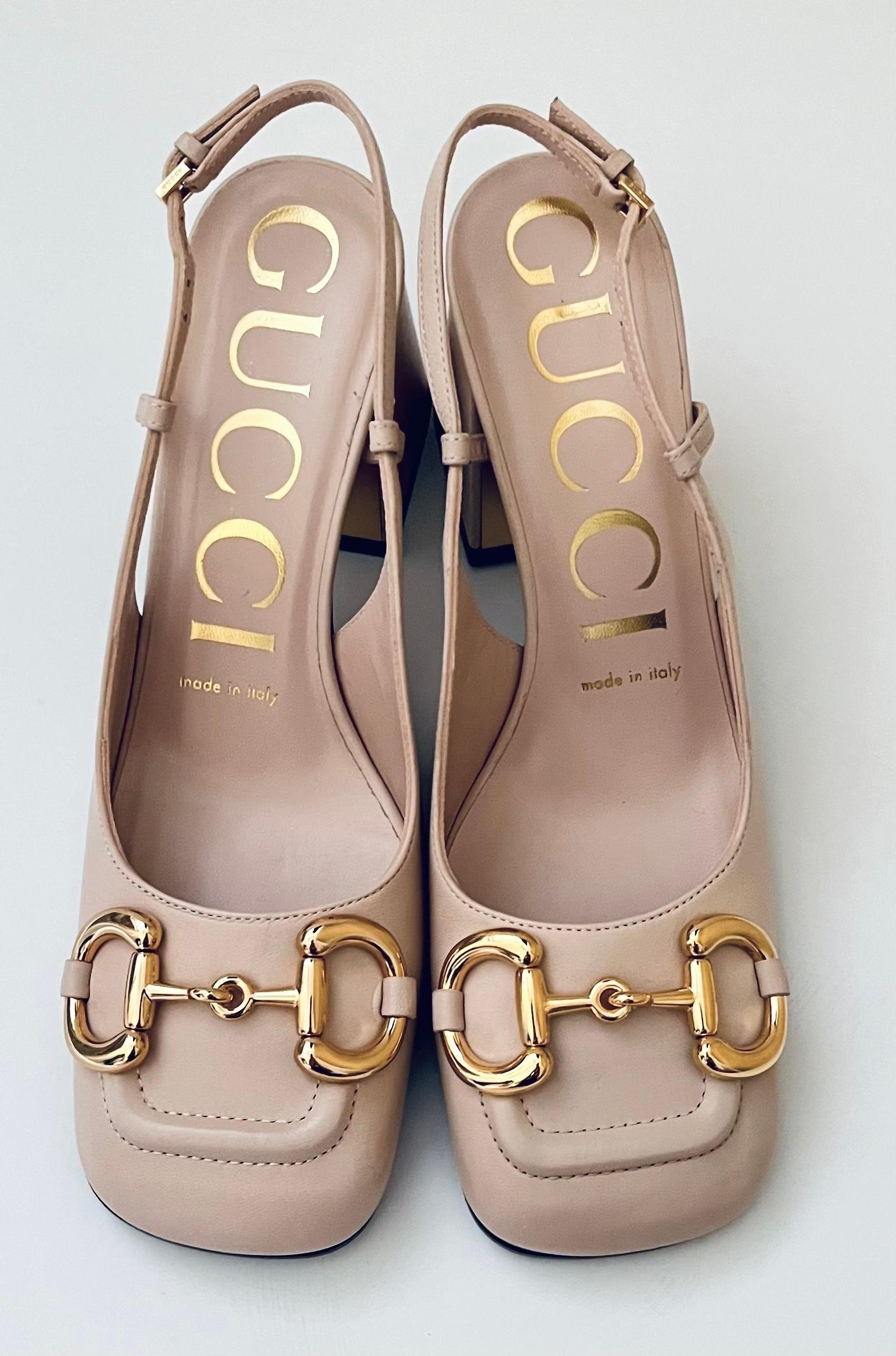 Retro cute Gucci Malaga sling back pumps. New with box, dustbags and pamphlets. Made from skin rose pink kid leather with oversized  goldtone horsebit decoration and metal backed super chunky heels. The have little Gucci embossed buckles and padded