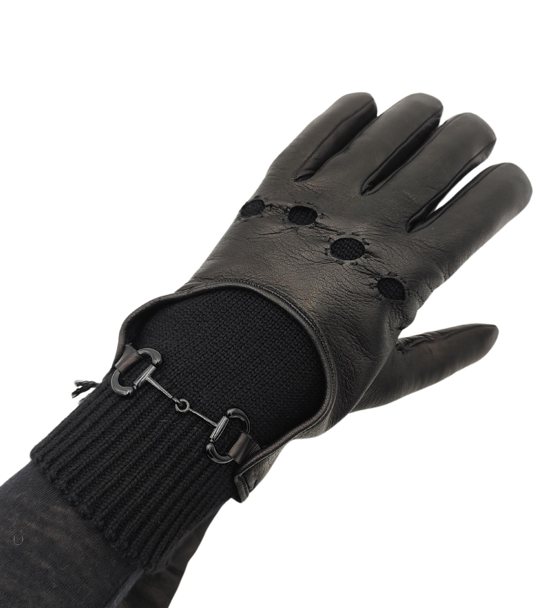 Men's Gucci man black leather and wool horsebit gloves NWT For Sale