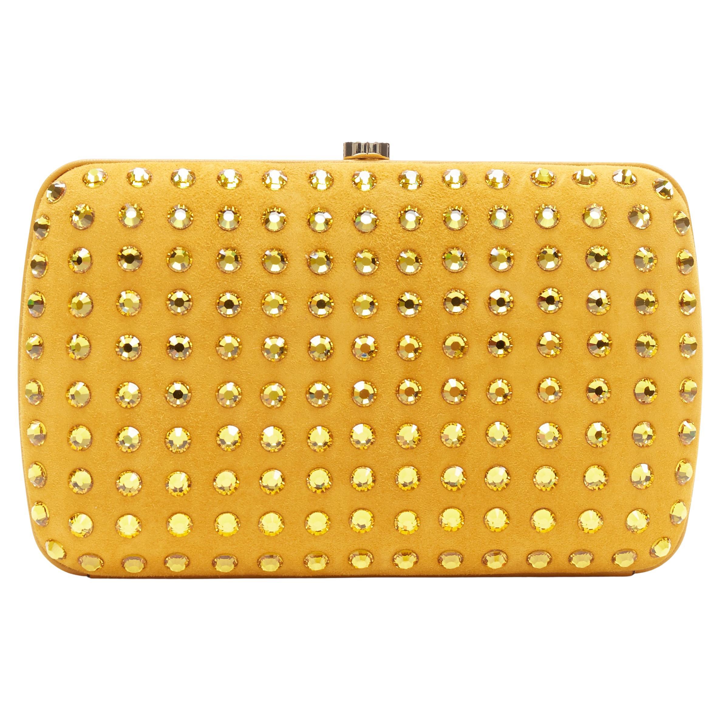 GUCCI marigold yellow suede crystal embellished leather trimmed box clutch bag