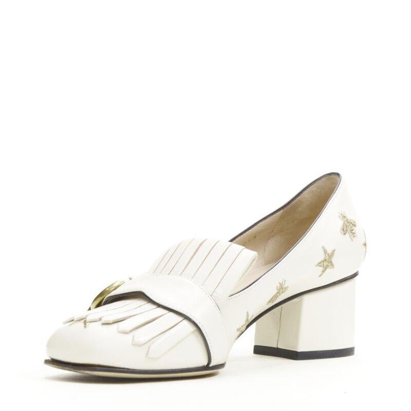 Donna GUCCI Marmont Bee Star bianco oro ricamo frangia blocco mocassino EU36.5