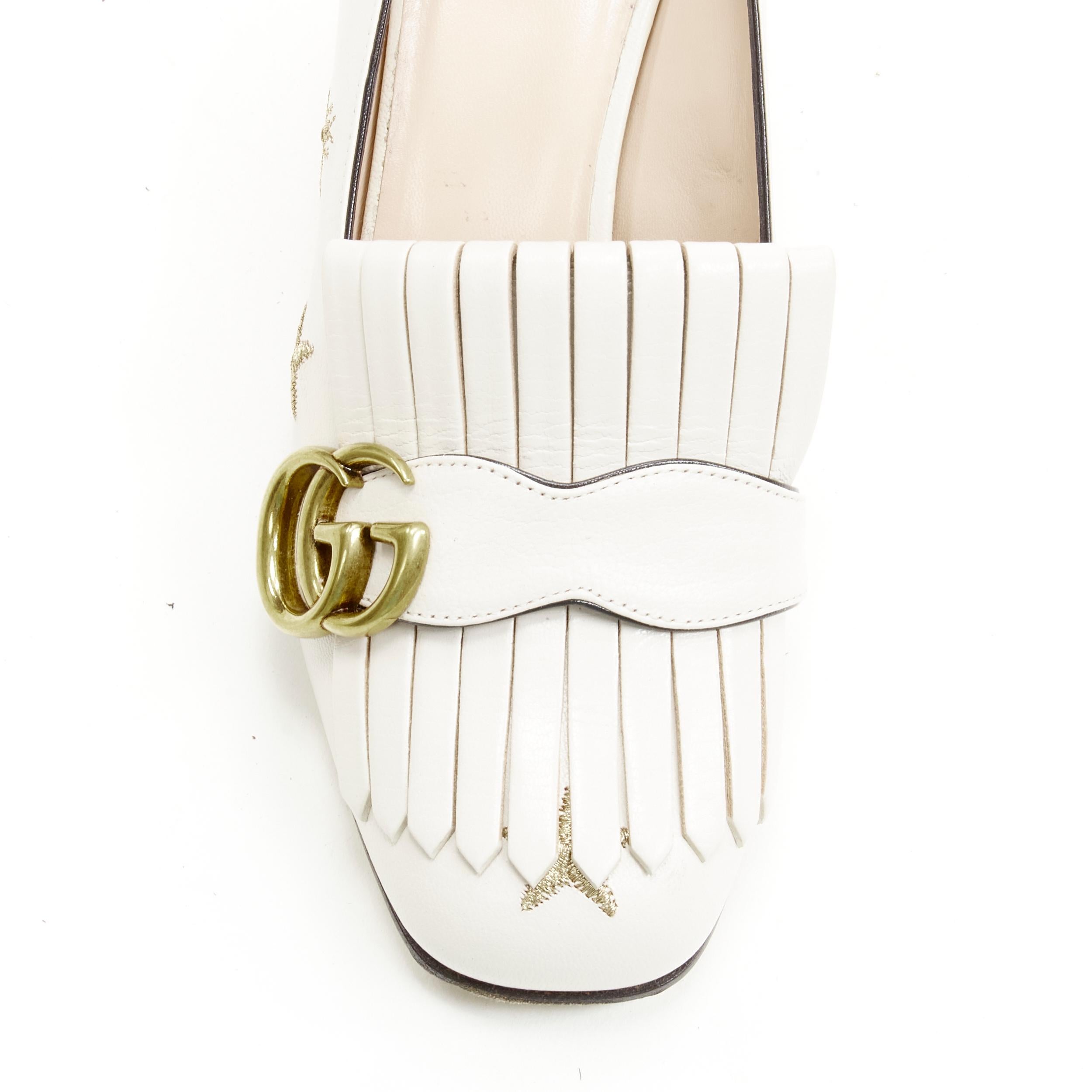 GUCCI Marmont Bee Star white gold embroidery fringe block loafer pump EU36.5 In Good Condition For Sale In Hong Kong, NT