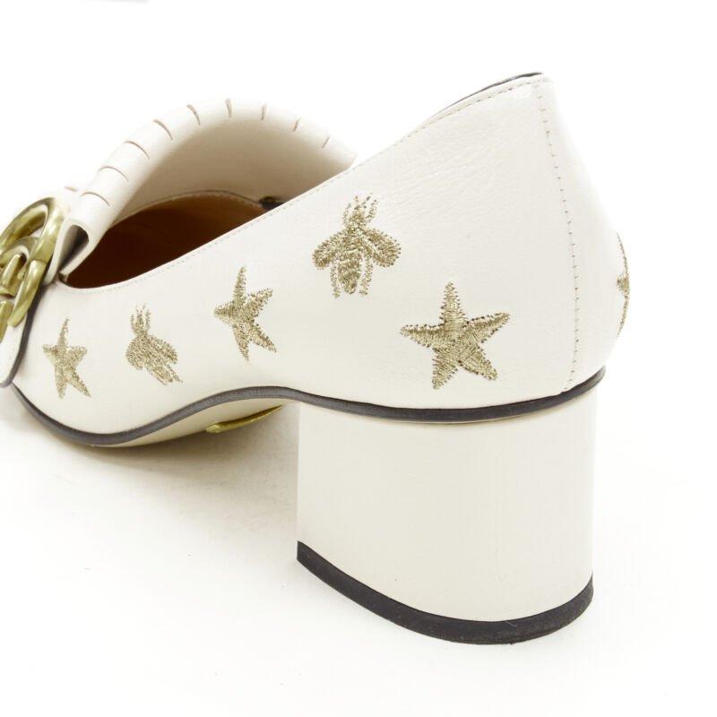 GUCCI Marmont Bee Star bianco oro ricamo frangia blocco mocassino EU36.5 in vendita 3