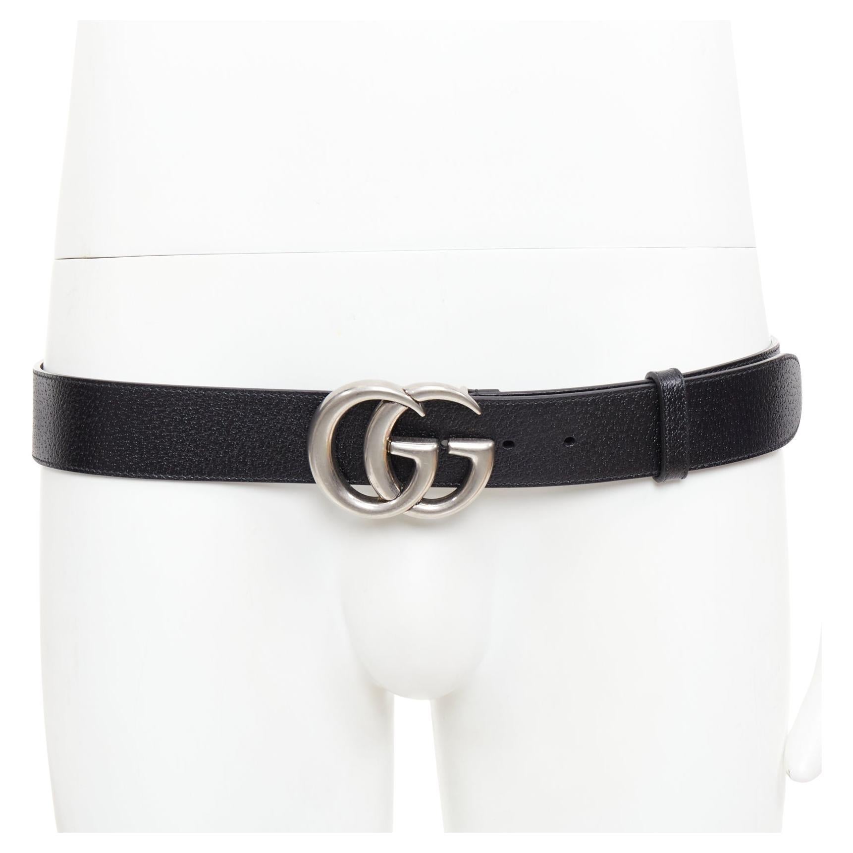 GUCCI Marmont black textured leather silver GG logo wide belt 100cm