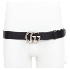 GUCCI Marmont black textured leather silver GG logo wide belt 100cm
