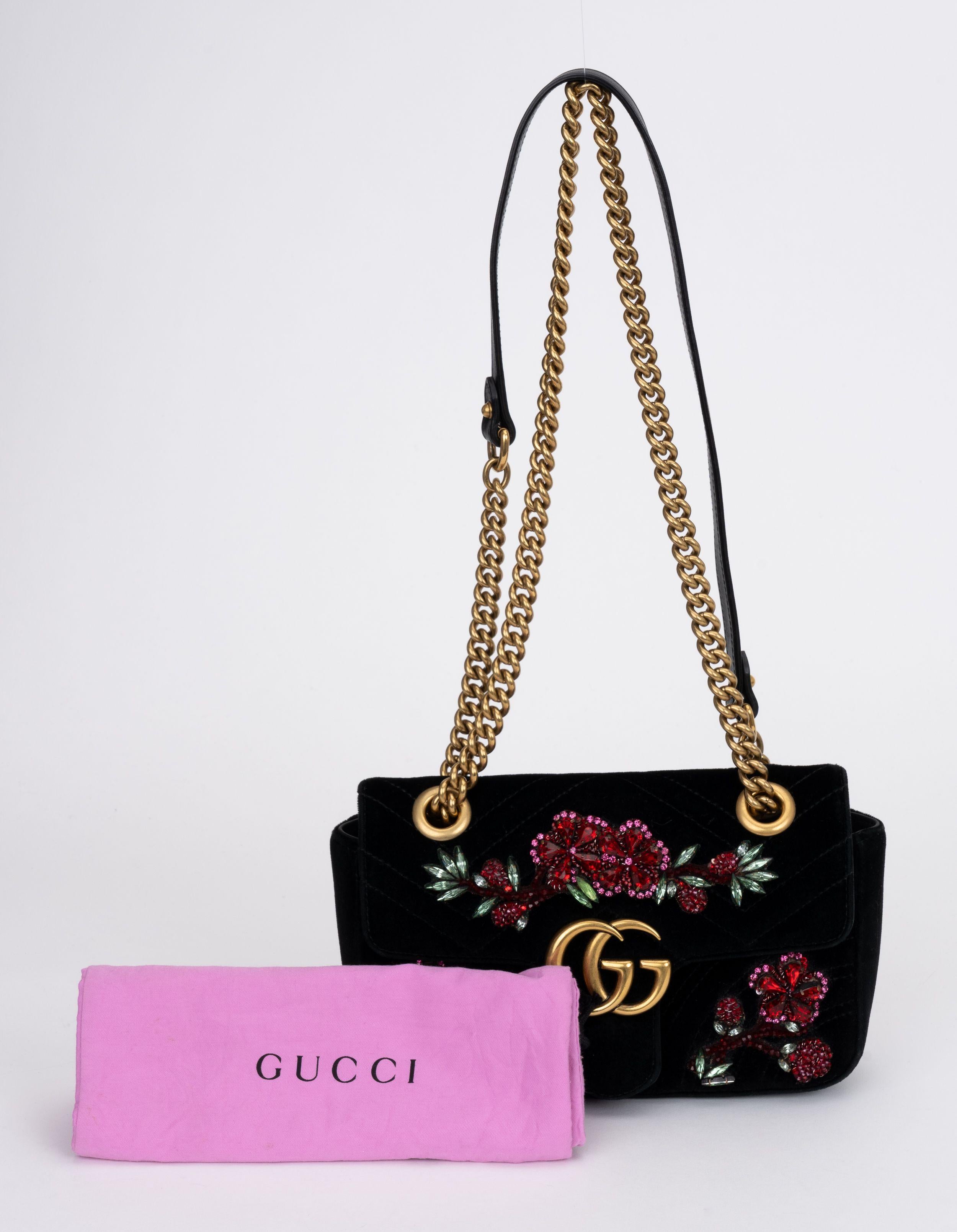 Gucci Marmont Black Velvet Beaded Flap For Sale 4