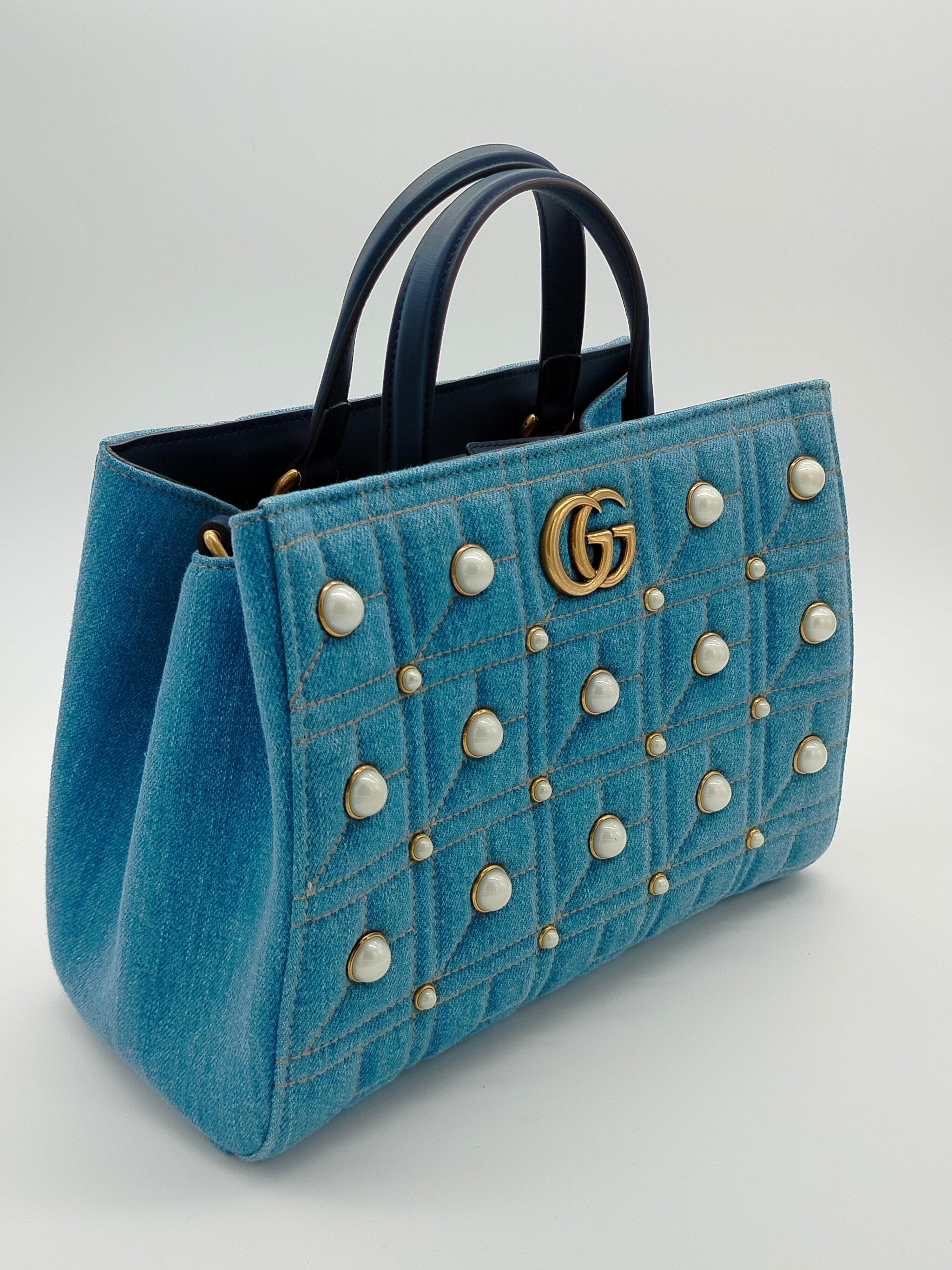 Gucci Marmont Denim Pearl Tote Bag - '10s In Fair Condition For Sale In Milano, IT